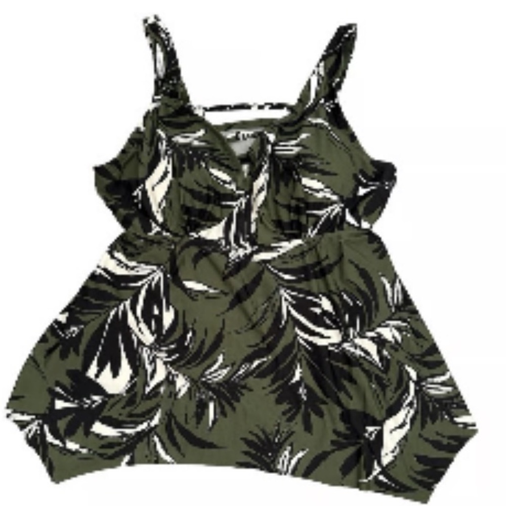 ⭐️Women’s Kona Sol Green & Black Leaf Print Bathing Suit Tankini Top- Size 18W